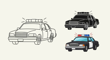 Illustration of police cars in various styles including outline and solid © Creator Rima Akter