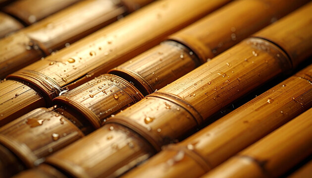 Close up of bamboo stalks with water droplets creating natural texture