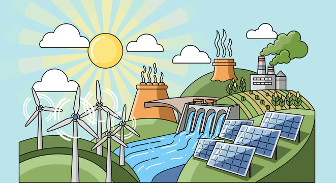 Illustration depicting various renewable and non-renewable energy sources including solar panels, wind turbines, hydroelectric dam, and industrial power plants.