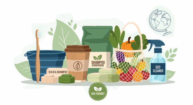 A collection of eco-friendly and sustainable products for a greener lifestyle, including reusable items and natural cleaning solutions.