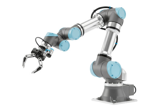 high-polish silver segmented cobot arm with electric blue accents and a suction cup gripper, poised dynamically against a sterile white studio background. concept of industrial precision automation