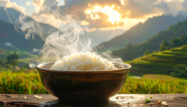 Steaming bowl of rice with a scenic mountain backdrop at sunset
