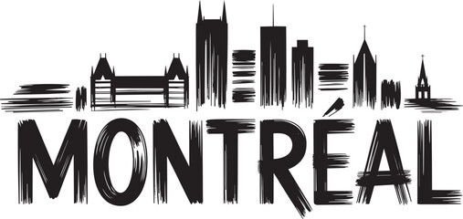 Naklejka premium Montreal skyline illustration with brush stroke effect in black and white with hand drawn, city