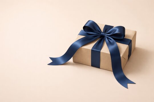 Conceito de banner: Caixa de presente de papel&atilde;o com la&ccedil;o azul escuro sobre fundo claro com espa&ccedil;o para texto

