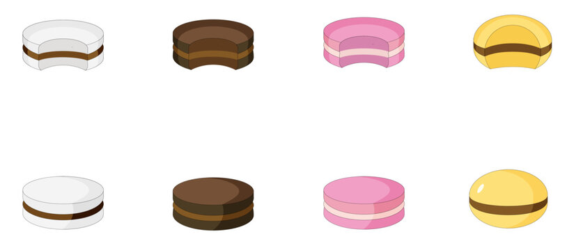 Icono de golosina. Ilustraci&oacute;n de alfajor de chocolate negro, chocolate blanco, dulce de leche, fruta y maicena. Vector para sitio web, app, folleto, tienda y otros.