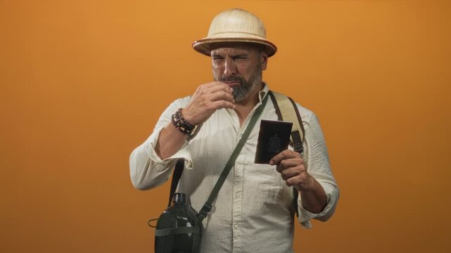 Hispanic middle aged man with grey beard holding passport and pinching nose in orange studio wearing pith helmet and backpack straps; disgust.