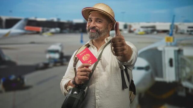 Man holding red passport and giving thumbs up at airport terminal, wearing backpack, straw hat and bracelets, smiling beside jet bridge; adventure travel confidence.