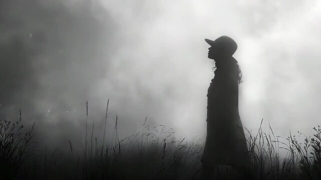silhouette of a woman on a foggy morning
