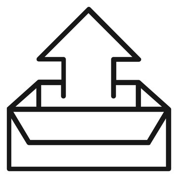 Minimalist black line vector icon of an arrow pointing upwards from an open cardboard box, symbolizing upload, export, shipping, delivery, or out of the box thinking, isolated on white background.