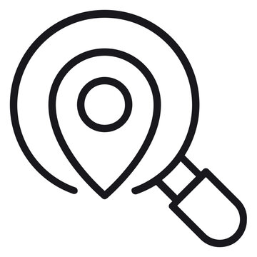 Black line vector icon illustration of a magnifying glass with a location pin inside, symbolizing local search, finding a destination, map navigation, and place discovery on a white background.