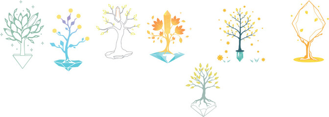 Fototapeta premium Vector icon of a floating crystal tree with glowing leaves in outline style, minimal thin line design showing a magical tree made of crystal structure with luminous foliage, centered on a white backgr