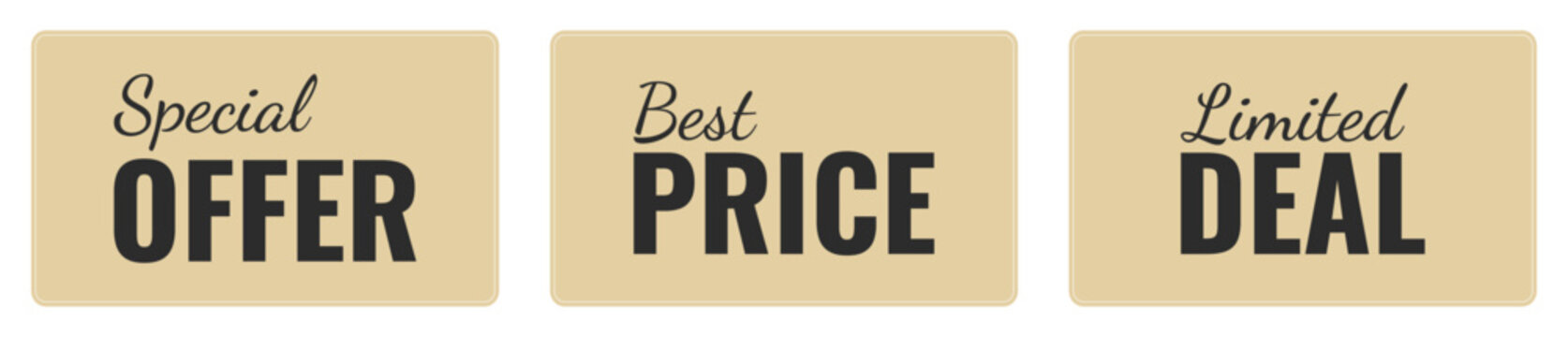 Set of beige marketing tags for special offer, best price and limited deal promotions