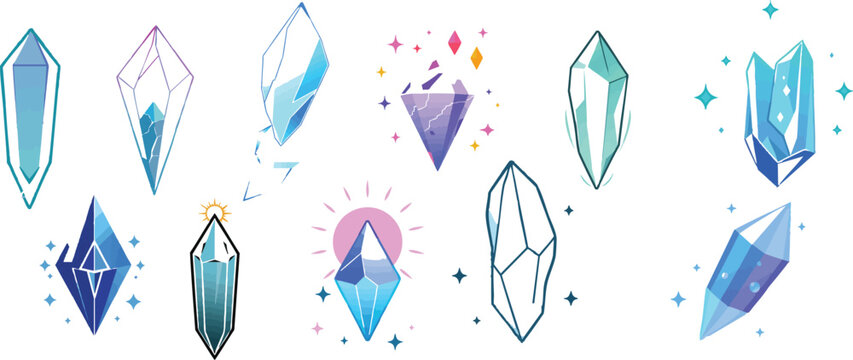 Vector icon of a floating crystal shard with aura in outline style, minimal thin line geometric gemstone fragment with glowing energy field, centered on a white background, fantasy magic and mystical 