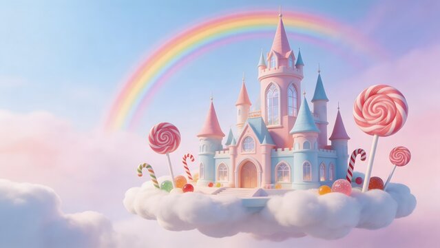 Candy castle on cloud with rainbow