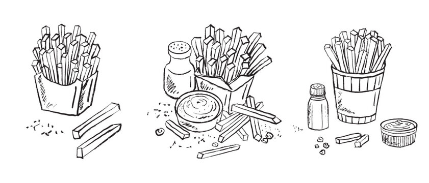 Black and white French fries with salt shakers, dipping sauces, and scattered fries. Fast food designs. Hand drawn vector sketch illustration in vintage doodle crayon charcoal style