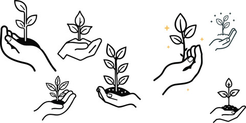 Fototapeta premium Vector icon of a hand holding a seedling in outline style, minimal thin line illustration showing a young plant growing from a palm, centered on a white background, eco growth, sustainability and envi