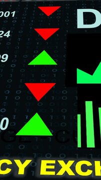 Animated stock exchange screen displaying the decline of the US dollar against multiple global currencies. The digital financial interface shows real-time changing values