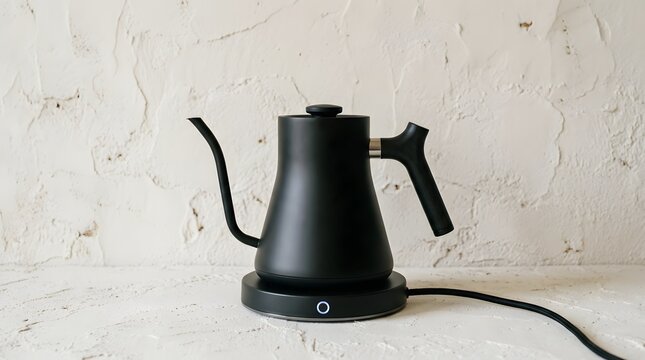 A sleek, modern, matte black electric gooseneck kettle sits illuminated on its base, ready for precise pour-over coffee or tea brewing.