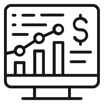 Vector icon illustration of a computer monitor displaying financial data with a rising line graph, bar chart, and dollar sign, representing business growth, analytics, and stock market tracking.