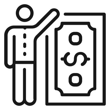 Minimalist black line vector icon illustration of a person standing next to a large dollar banknote, symbolizing wealth, financial success, earning money, investment, or high salary.