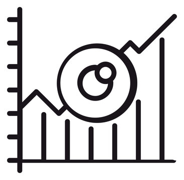 Data analytics and monitoring vector icon featuring a line graph, bar chart, and an eye symbol for business insights, observation, performance tracking, and market research visualization.