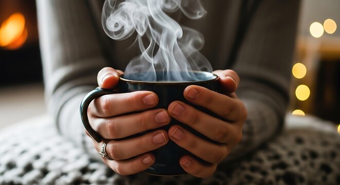 Cozy hands holding a steaming mug of hot beverage by a warm fireplace