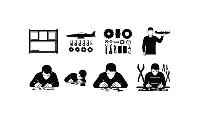 Fototapeta premium Illustrations depicting various technical and academic activities and professions