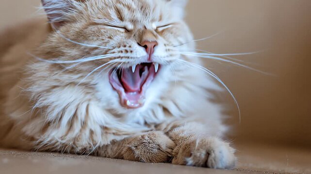 Close-up of a fluffy Siberian cat yawning widely with its eyes closed, displaying sharp teeth and long whiskers, against a muted neutral background conveying tiredness and relaxation