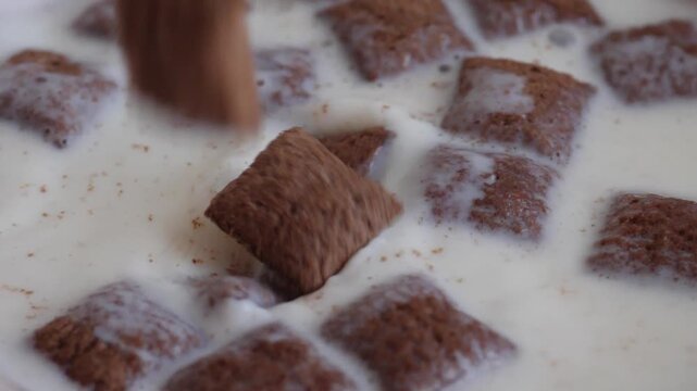 Chocolate breakfast cereal pads falling into fresh milk with splashes and ripples. Extreme macro shot of preparing a crunchy and healthy morning meal