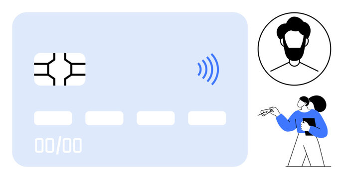Digital security, contactless payment, identity verification, authentication, electronic transactions, customer data. Chip card with wireless symbol, user profile image person pointing. Digital