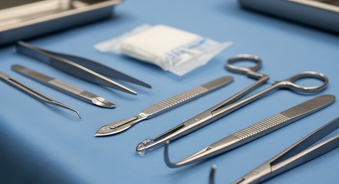 Surgical instruments laid out on a blue sterile cloth for a medical procedure