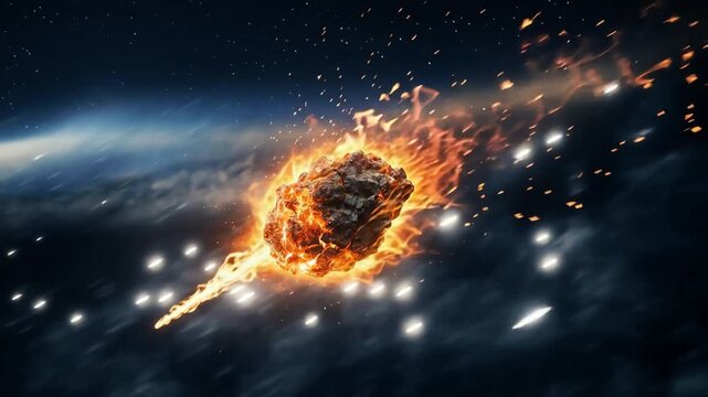 A fiery asteroid streaking through the galaxy with glowing celestial bodies and a dramatic, dark cosmic backdrop, conveying an intense and awe-inspiring atmosphere