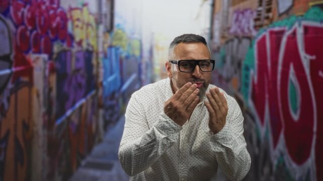 Man blowing a kiss with hands to mouth in a graffiti alley street, smiling with beard; playful affection.