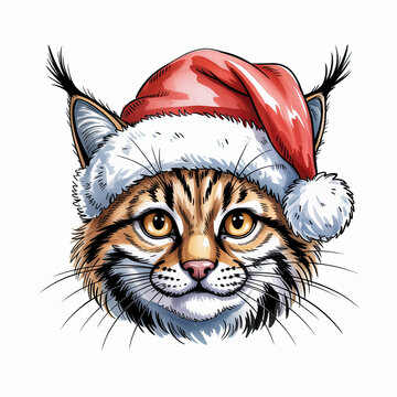 Captivating illustration of a magnificent Pixie Bob cat head adorned with a classic Santa hat, celebrating the joyful winter holidays with expressive eyes and detailed fur texture