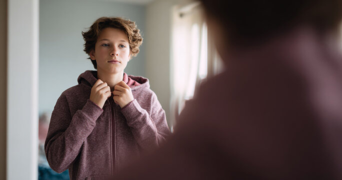 Teenage boy adjusting hoodie in mirror