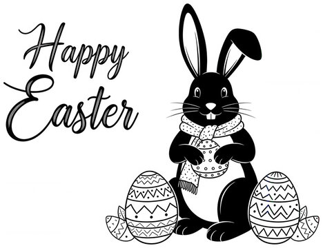 Cute Bunny png Black Rabbit cutout Decorated Egg png Patterned Ova cutout Festive Message png Spring Greeting cutout Adorable Character png Graphic isolated transparent background image