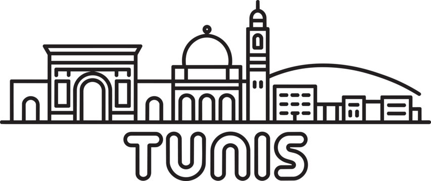 Tunis city skyline with landmark buildings and architecture in minimalist black line art vector