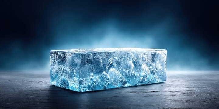 Clear ice block with internal fractures on a dark slate surface with atmospheric blue background