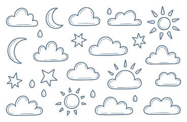 Obraz premium Minimal weather icons set with clouds sun moon stars and rain drops.