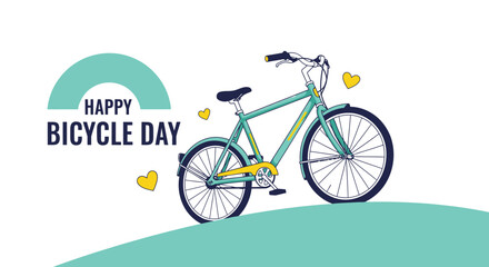 Fototapeta premium A bicycle illustrated in a flat vector style stands on a hill with small hearts and text celebrating an annual holiday for cycling.