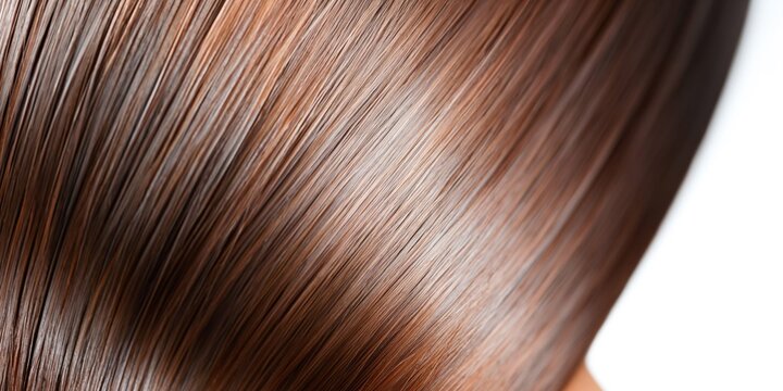 Close-up of healthy, glossy brown hair strands with subtle highlights and smooth texture