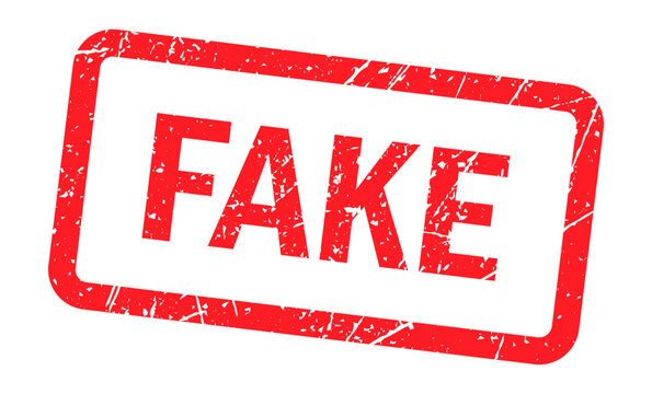 Red fake rubber stamp vector, weathered grunge texture on rectangular frame, distressed fake news and counterfeit warning sign