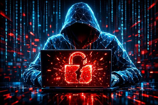Cybersecurity Threat Concept with Anonymous Hacker Breaking Digital Lock &ndash; Data Breach, Encryption Failure, and Network Attack Visualization