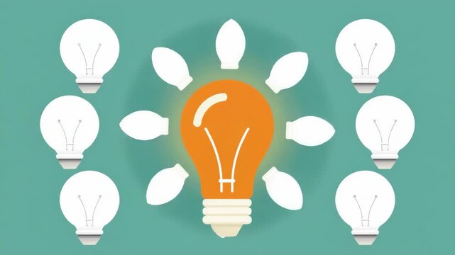 An orange lightbulb glowing among a group of white lightbulbs on a teal background, representing a unique idea or solution..