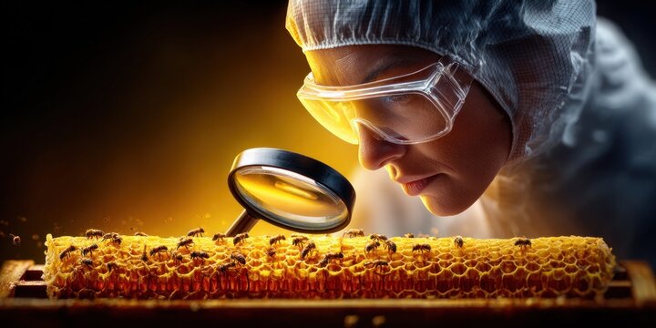 Scientist in protective gear examines honeycomb with bees using a magnifying glass