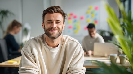 Fototapeta premium Smiling young man in modern office environment. Bright workspace enhances creativity and productivity. Professional atmosphere supports teamwork and innovation. Quality image for corporate use.