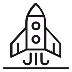 Minimalist black line art vector icon of a rocket ship launching into space with exhaust smoke, symbolizing a business startup, innovation, speed, and technological progress on white background. © FarhanaHaque