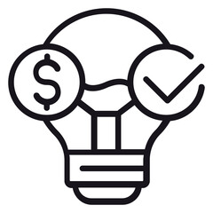 Business idea validation vector icon featuring a light bulb with a dollar sign and checkmark symbol. Minimalist black line illustration representing profitable innovation and creative success. © FarhanaHaque
