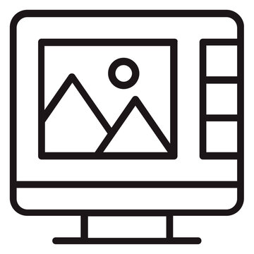 Minimalist black line vector icon of a computer monitor screen showing a photo editing software interface with a landscape picture, mountains, and sun, ideal for digital design and graphics.