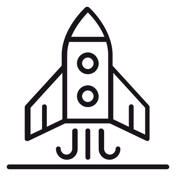 Minimalist black line art vector icon of a rocket ship launching into space with exhaust smoke, symbolizing a business startup, innovation, speed, and technological progress on white background.